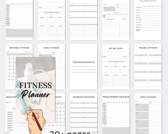 Può includere: Un pianificatore di fitness con pagine per il monitoraggio di obiettivi, misurazioni e allenamenti. La copertina presenta il testo "FITNESS Planner" con una mano che tiene una penna. Il pianificatore include oltre 30 pagine.