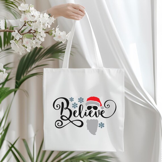 Organic Canvas Tote Bag: Believe Santa Holiday Design