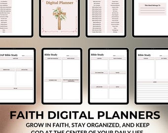 May include: Digital planner with a cream-colored background and a floral cross design. The planner includes sections for Bible study, daily reflection, and goal setting. The text reads "FAITH Digital Planner".