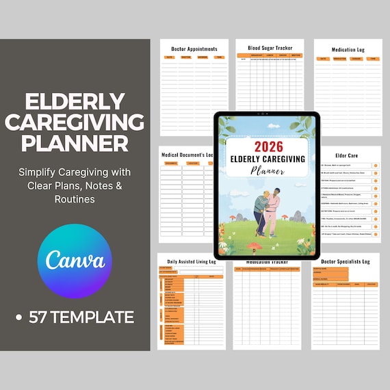 Elderly Caregiving Planner | Editable Canva Template | Senior Care Organizer | Medication, Appointment & Daily Routine Tracker
