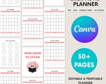 Planer ADHD na rok 2026 do druku | Codzienny organizer z blokowaniem czasu i skupieniem | Cyfrowy planer bez rozpraszania uwagi | Dziennik produktywności w formacie PDF