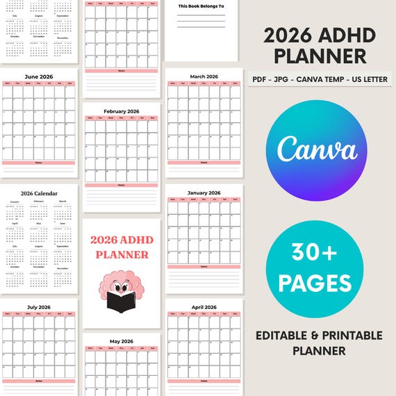 2026 ADHD Planner Printable | Time-Blocking Daily Focus Organizer | Distraction-Free Digital Planner | Productivity Journal PDF