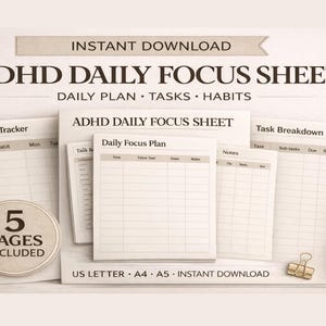 ADHD Daily Focus Sheet | Printable Planner Insert, Productivity Worksheet, Executive Function Organizer, Instant Download