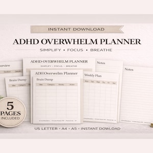 ADHD Overwhelm Planner Printable, Executive Function Task Breakdown, Brain Dump Worksheet, Neurodivergent Productivity PDF