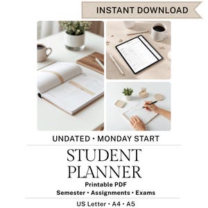 Könnte beinhalten: Werbebild für einen digitalen Studentenplaner zum sofortigen Download. Das Bild zeigt einen Planer, ein Tablet und eine Kaffeetasse. Der Text enthält "Student Planner" und "Undated Monday Start". Der Planer ist als druckbares PDF verfügbar.