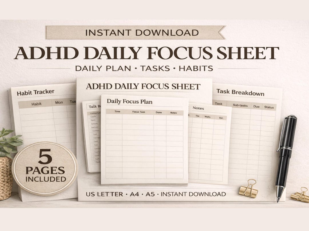 ADHD Daily Focus Sheet | Printable Planner Insert, Productivity ...