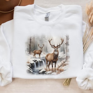 Retro Deer Wilderness Scene Sweatshirt - Nineties Vintage Buck And Doe Deer Outfit - Boho Unisex Crewneck Sweatshirt