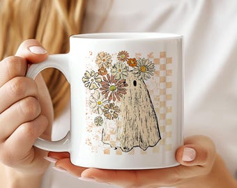 Checkered Ghost Coffee Mug, Girly Spooky Season Coffee Cup, Cute Ghost Mug, Spooky Ghost Autumn Cup, Spooky Halloween Gift for Her