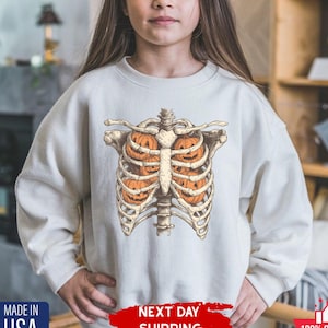 Sudadera juvenil de esqueleto de Halloween, camiseta de otoño para niños pequeños, camiseta de Halloween para niños, camiseta vintage de esqueleto para niños, camiseta de Halloween de fantasma para niños pequeños