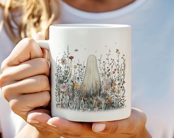 Cute Cottagecore Ghost Coffee Mug, Spooky Witchy Mugs for Ghost Lovers, Cottagecore Ghost Mug, Fall Mugs, Wildflower Ghost Mug