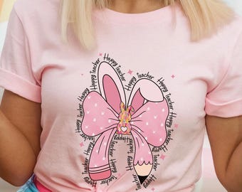 Camiseta con lazo de conejito coqueto y adorable para maestra de Pascua, camiseta de Pascua para maestra, regalo de agradecimiento para maestra, camiseta de maestra de escuela de primavera