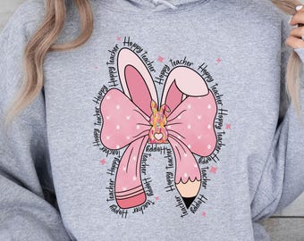 Sudadera con lazo de conejito coqueto y adorable para maestra de Pascua, camiseta de Pascua para maestra, regalo de agradecimiento para maestra, camiseta de maestra de escuela de primavera
