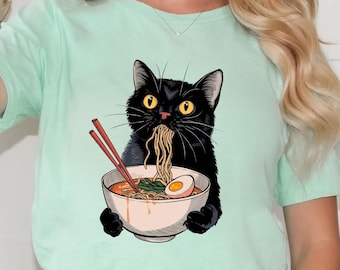 Maglietta Ramen Noodle Black Cat – Divertente Meme Per Foodie Lover, Cotone Morbido (Bianca)