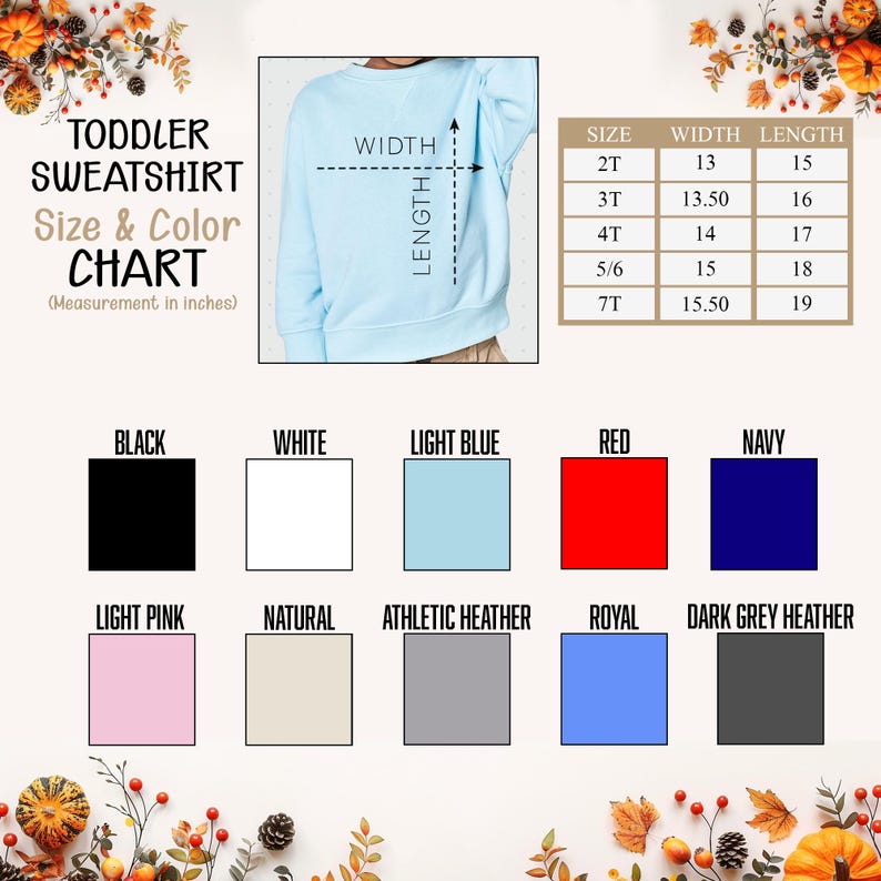 Puede incluir: Sudadera azul claro para ni&ntilde;os peque&ntilde;os con una tabla de tallas y colores. La tabla muestra medidas en pulgadas, equivalentes en cm, para ancho y largo. Las muestras de color incluyen negro, blanco y rojo. Tallas de 33 cm de ancho y 38 cm de largo a 39 cm de ancho y 48 cm de largo.