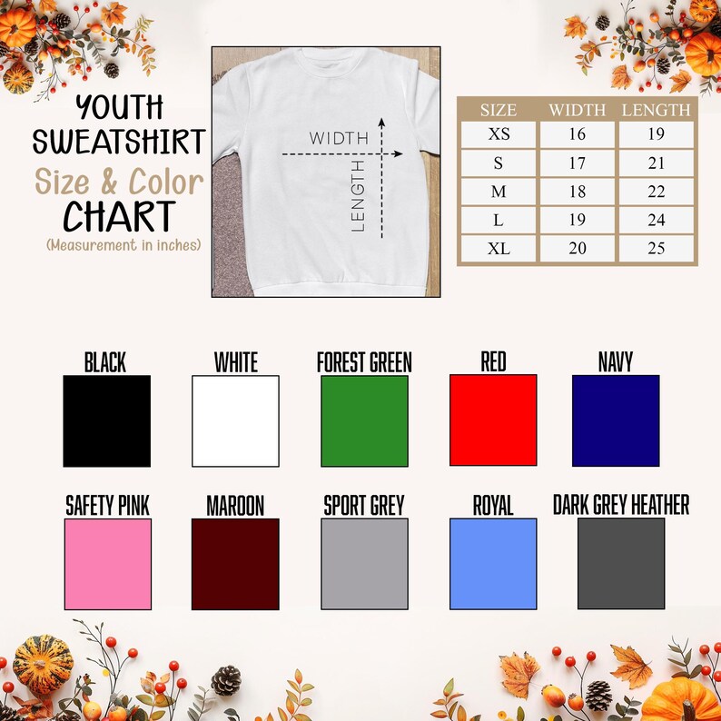 Może przedstawiać: Biała bluza młodzieżowa z tabelą rozmiar&oacute;w i kolor&oacute;w. Tabela pokazuje wymiary w calach dla rozmiar&oacute;w od XS do XL. Pr&oacute;bki kolor&oacute;w obejmują czarny, biały, leśny zielony, czerwony, granatowy, r&oacute;żowy, bordowy, sportowy szary, kr&oacute;lewski i ciemnoszary melanż.