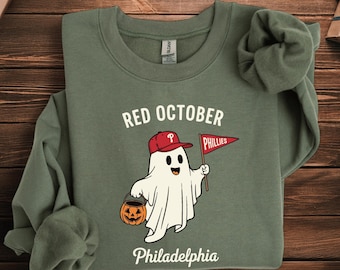 Bluza z kapturem baseballowym na Halloween, czerwona październikowa bluza Phillies, koszulka z okazji meczu Philadelphia Phillies, koszulka z kostiumem ducha Phillies