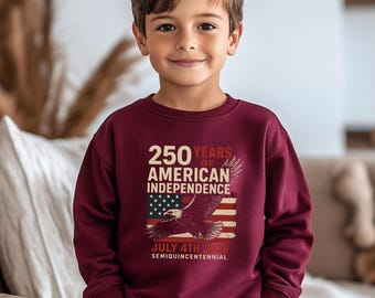 Amerikansk historia 250-tröja, patriotisk självständighetsdag för barn, Amerikas 250-årsjubileum för ungdomar, 4 juli 250-årsjubileum för ungdomar