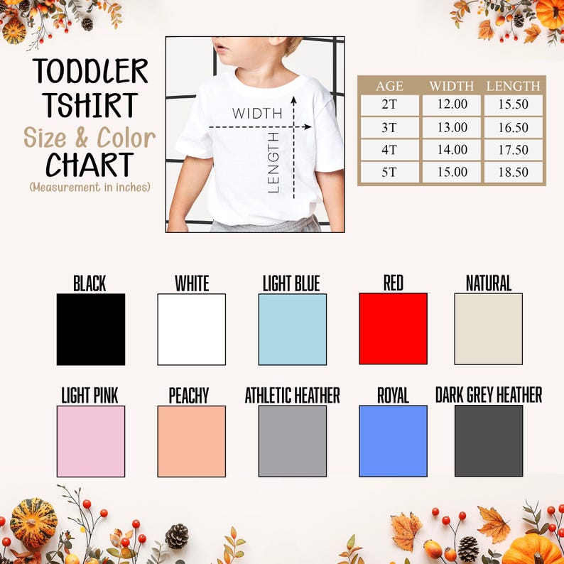 Może przedstawiać: Biała koszulka dla malucha z tabelą rozmiar&oacute;w i kolor&oacute;w. Tabela pokazuje wymiary w calach dla rozmiar&oacute;w od 2T do 5T. Kolory obejmują czarny, biały, jasnoniebieski, czerwony, naturalny, jasnor&oacute;żowy, brzoskwiniowy, szary melanż, kr&oacute;lewski i ciemnoszary melanż.