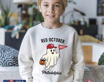 Bluza młodzieżowa Phillies Red October Halloween Ghost, koszulka z grafiką Spooky Phillies dla młodzieży, koszulka dziecięca Phillies, koszulka dziecięca Sports Game Day