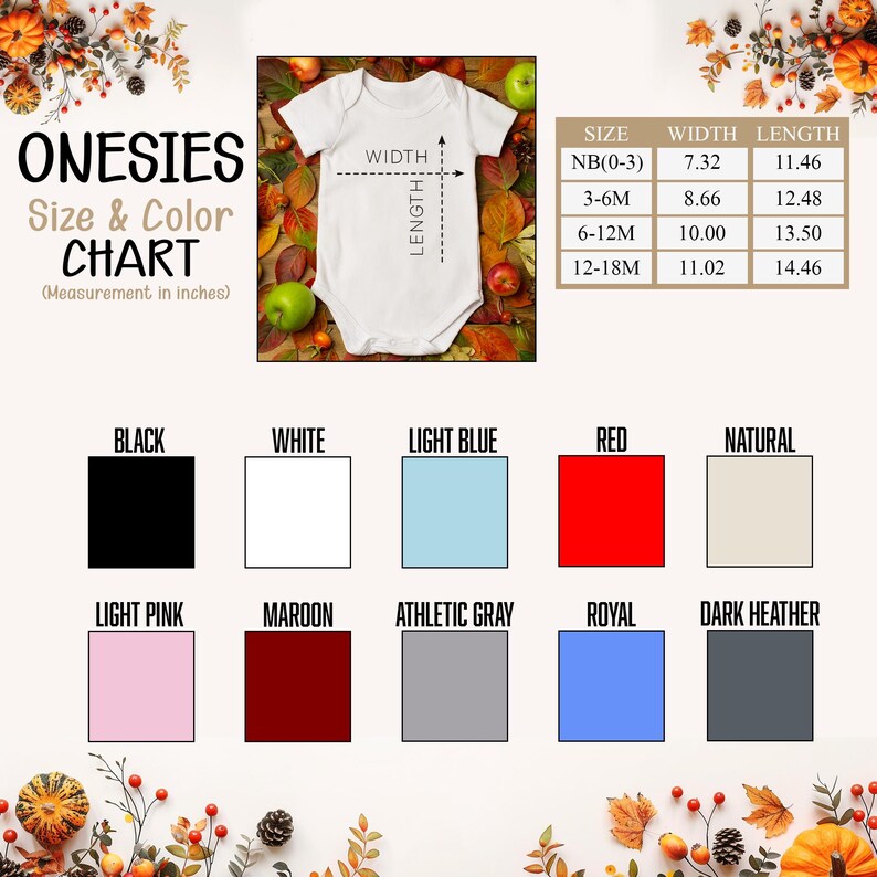 Może przedstawiać: Białe body dla niemowląt z tabelą rozmiar&oacute;w i kolor&oacute;w. Tabela pokazuje wymiary w calach dla r&oacute;żnych rozmiar&oacute;w, w tym szerokość i długość. Pr&oacute;bki kolor&oacute;w obejmują czarny, biały, jasnoniebieski, czerwony i naturalny.