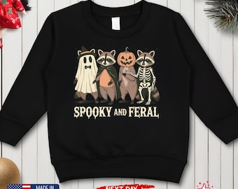 Spooky and Feral Raccoon Sweatshirt, Funny Youth Tee, Cute Trendy Kids Halloween T-Shirt, Trick Or Treat Sweatshirt, Raccoon Lover Kids Tee