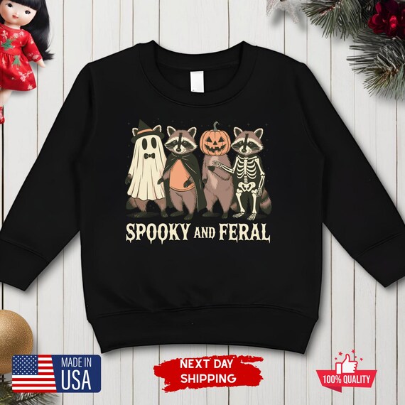 Spooky and Feral Raccoon Sweatshirt, Funny Youth Tee, Cute Trendy Kids Halloween T-Shirt, Trick Or Treat Sweatshirt, Raccoon Lover Kids Tee
