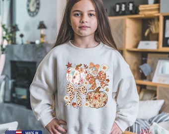 Sudadera juvenil con estampado de calabaza floral, camiseta infantil con collage otoñal, camiseta femenina con lazo otoñal, camiseta infantil acogedora con estampado de calabaza otoñal.