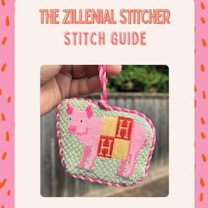 May include: A pink pig with a red and yellow blanket stitched on a green canvas. The canvas is labeled "Pig in H Blanket" and "Froopy Designs".