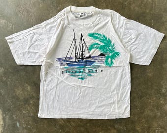 Authentic Vintage 90s Pierre Cardin Ocean White T-Shirt, Retro Sailing Graphic Tee, Beach Unisex Summer Top Nautical Memories Souvenir Gift
