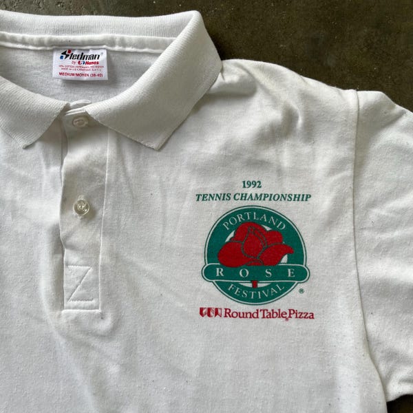 Vintage 90s Portland Rose Festival Tennis Championship Polo Shirt, Retro unisex Summer Round Table Pizza Sponsor Tee Nostalgia Souvenir Gift