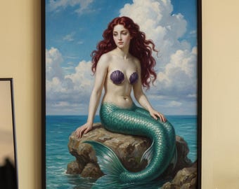 Pictorial digital oil painting of a mermaid, red-haired mermaid. Vintage fairy tale landscape art print. HD wall art.