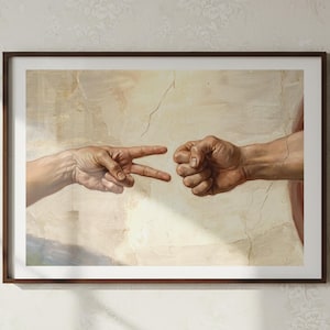 Puede incluir: Obra de arte enmarcada que representa dos manos en un juego de piedra, papel, tijeras. Una mano forma tijeras, la otra un puño. La obra de arte tiene una paleta de colores neutros con un fondo texturizado y un marco marrón oscuro.
