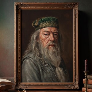 May include: A framed portrait of an elderly man with a long white beard and a green hat. The portrait is in a dark wooden frame and is set on a wooden table with books and a candle holder.