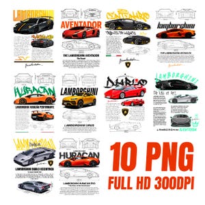 Könnte beinhalten: Eine Sammlung von Lamborghini-Autoillustrationen in verschiedenen Farben, darunter Schwarz, Rot, Orange und Gelb. Jedes Auto wird mit detaillierten Umrissen und Textbeschriftungen dargestellt, die verschiedene Modelle wie Aventador und Huracan zeigen. Der Text "10 PNG FULL HD 300DPI" ist ebenfalls enthalten.