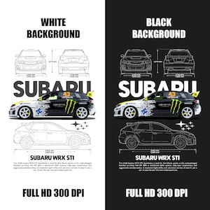 May include: A detailed graphic of a Subaru WRX STI rally car, presented in black and white. The design includes technical diagrams and text, with the words "Subaru WRX STI" clearly visible. The car features the number "43" on its side.
