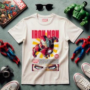 Może przedstawiać: Biała koszulka z nadrukiem Iron Mana w kolorze czerwonym, żółtym i czarnym. Na koszulce widnieją napisy "Iron Man" i "Marvel".