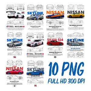 Op de afbeelding: Een collage van tien digitale illustraties van verschillende Nissan Skyline en Silvia modellen. Elke illustratie toont een gedetailleerde lijntekening van de auto, samen met een kleurenfoto van de auto. De tekst "10 PNG FULL HD 300 DPI" wordt onderaan de collage weergegeven.