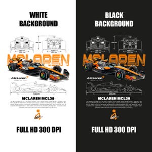 May include: A graphic featuring a McLaren MCL39 Formula 1 race car in orange and black, with detailed schematics and the McLaren logo. The text includes "WHITE BACKGROUND" and "FULL HD 300 DPI".