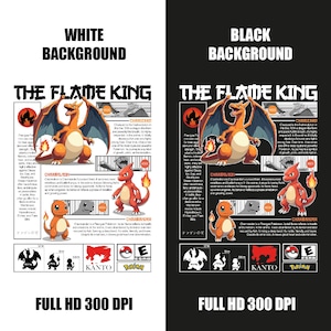 Puede incluir: Gráfico "The Flame King" con ilustraciones de Charizard, Charmeleon y Charmander. El diseño incluye texto, logotipos y un fondo blanco y negro, con "FULL HD 300 DPI" en la parte inferior.