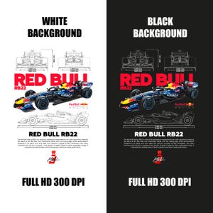 Puede incluir: Gráfico que presenta un coche de carreras Red Bull RB22 de Fórmula 1, con un fondo blanco a la izquierda y un fondo negro a la derecha. El coche es azul, rojo y amarillo. El texto incluye "RED BULL RB22" y "FULL HD 300 DPI."