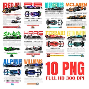 May include: A collage of ten Formula 1 race cars, each with a different team livery. The cars are arranged in a grid pattern, with the team name and car number displayed below each car. The image is labeled "10 PNG FULL HD 300 DPI".