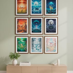 May include: Nine framed art prints featuring colorful illustrations of a cartoon character in various natural settings. The prints are displayed on a light green wall above a wooden cabinet. Each print has a brown frame.