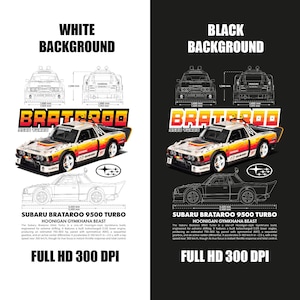 Puede incluir: Gráfico de un Subaru Brataro 9500 Turbo Hoonigan Gymkhana Beast. La imagen incluye un modelo 3D del coche, dibujos técnicos y texto que detalla las especificaciones y el rendimiento del vehículo, incluida una velocidad máxima cercana a los 300 km/h.