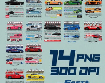 14 PNG Fast and Furious- Nissan Skyline, Supra, Charger R/T, Honda S2000, Eclipse, RX7. T-Shirt Prints (black & White) DTF, Sublimation, etc