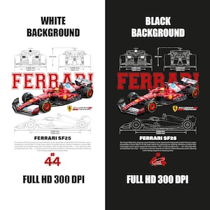 Puede incluir: Gráfico de un coche de carreras Ferrari SF25 rojo y negro con esquemas detallados y el logotipo de Ferrari. La imagen incluye el texto "FERRARI" en negrita y el número "44". El fondo es blanco.