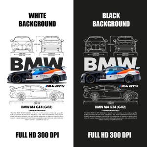 Puede incluir: Gráfico de un coche de carreras BMW M4 GT4 con una combinación de colores negro, blanco, azul y naranja. La imagen incluye dibujos técnicos y texto, con dimensiones en milímetros y la frase "FULL HD 300 DPI."
