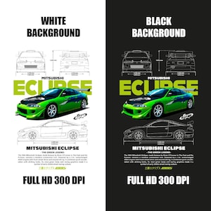 Puede incluir: Diseño gráfico con un coche deportivo Mitsubishi Eclipse verde y negro. La imagen incluye dibujos técnicos, texto y las palabras "Mitsubishi Eclipse" y "Full HD 300 DPI". El coche tiene una carrocería verde neón y gráficos de carreras.