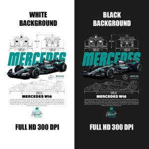 May include: A poster showcasing a Mercedes W16 Formula 1 car in black and teal, with technical diagrams and details. Text includes "MERCEDES" and "FULL HD 300 DPI". The car is presented against both white and black backgrounds.