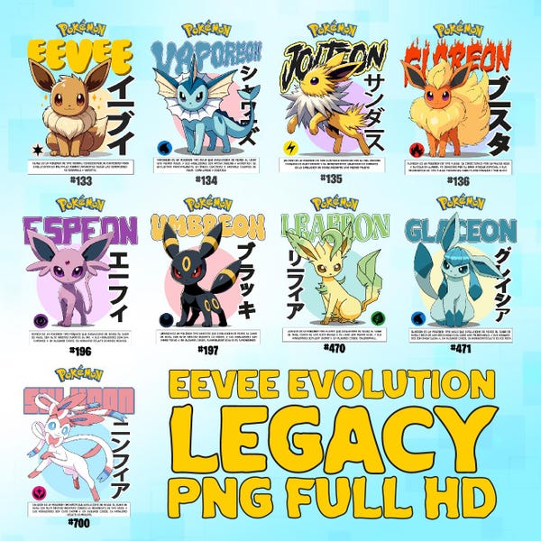 Pack of 9 PNG designs, English and Spanish text, Japanese Anime, Handmade Design for T-shirt, DTF, Sublimation, Etc. Eevee evolutions.