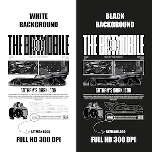 Puede incluir: Gráfico con el Batmóvil de la película de 1989, con el texto "THE BATMOBILE 1989". El diseño incluye imágenes del coche, un logotipo de Batman y dibujos técnicos. El fondo es blanco.